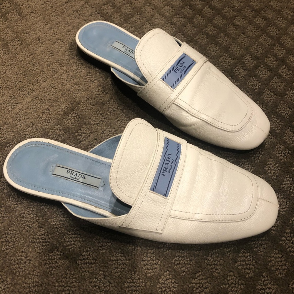 White Prada logo mules